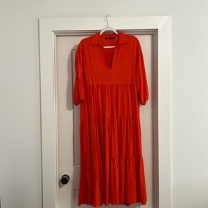 Zara Red Tiered 3/4 sleeve Women's Maxi Dress sz XS roomy maternity